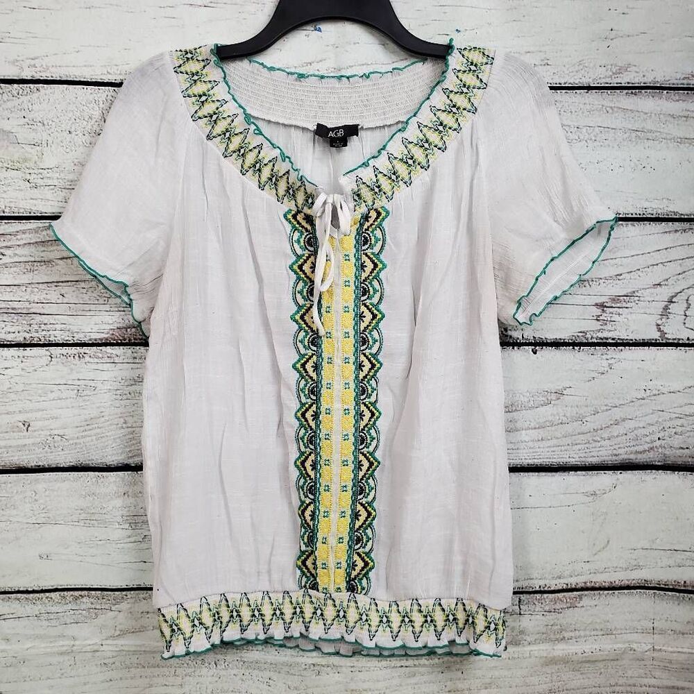 AGB Embroidered Peasant Blouse White Green Yellow Size L